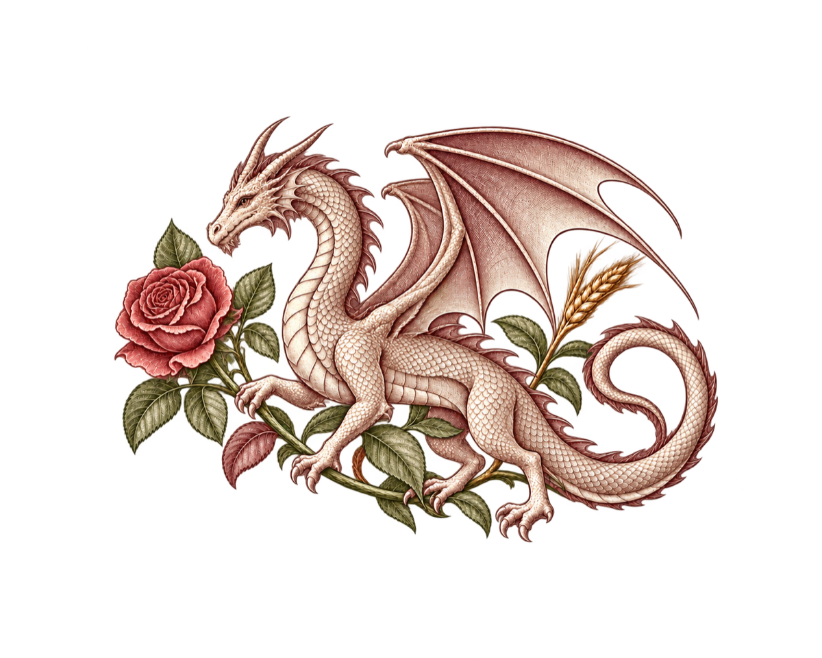 Gravat d’un drac entre roses i espigues, inspirat en Sant Jordi.